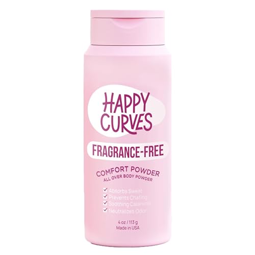 HAPPY CURVES Comfort Powder: Talc Free Anti Chafe Body & Foot Powder Deodorant to Control Inner Thigh Chafing, Private Areas, and All Over Body for Women (4 Ounce (Pack of 1), Fragrance-Free)