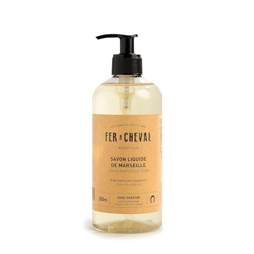 Fer à Cheval Marseille Liquid Soap Unscented Fragrance-Free Hypoallergenic Savon De Marseille Soap, Luxury French Liquid Marseille Soap, Pump Dispenser 16.9oz