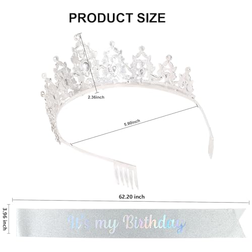 AMCAMI Silver Birthday Crowns for Women Birthday Sash for Women Tiaras and Crowns for Women Princess Crown Happy Birthday Crown and Sash Bridal Wedding Prom Party Gift