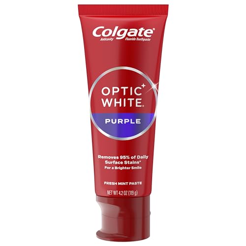 Colgate Optic White Purple Toothpaste for Teeth Whitening, Teeth Whitening Toothpaste with Fluoride, Helps Remove Surface Stains and Polishes Teeth, Enamel-Safe for Daily Use, Mint Paste, 4.2 oz