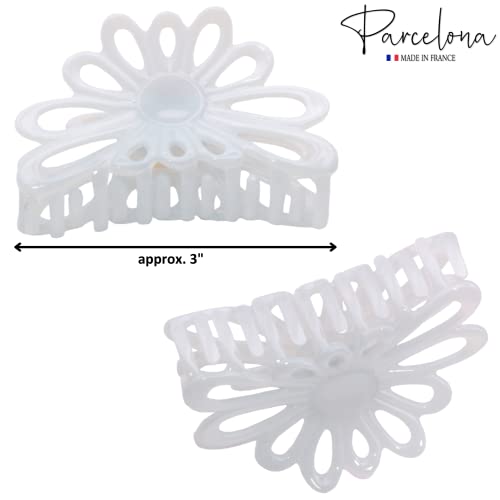 Parcelona French Plume 3" Celluloid No Slip Grip French Covered Spring Jaw Hair Claw Durable Styling Hair Accessories Women Strong Hold Girls Hair Claw Clips, Made in France (Solid White)