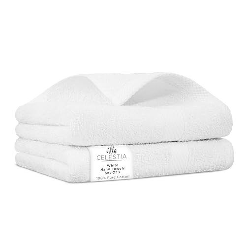 Villa Celestia 100% Cotton Hand Towel Set of 2, (16 x 28 inches) Sustainable, Soft, Highly Absorbent, Quick Drying, Combed Cotton Hand Towels Pack of 2 Ideal for Hotels, Spa, Bathroom, Dorm, White