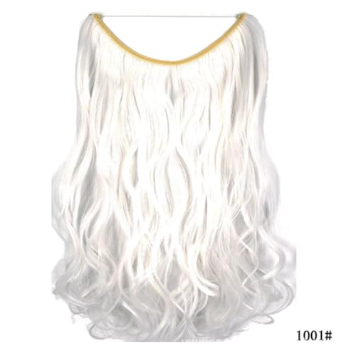 iLUU Secret Hair Extensions #1001 Totally Pure White Synthetic Wavy Hair pieces Heat Resistent Fiber Invisible Wire Hair Extensions 18" 80g Fish Line Curly Hair Extensions for Women (Snow White)