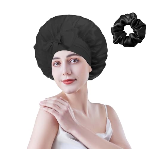 Cocheng Mulberry Silk Bonnet with Scrunchie Gift,Silk Bonnet for Sleeping Curly Hair,Wide Band Silk Bonnet,Extra Large & Breathable Hair Bonnet for Sleeping,Adjustable Silk Sleep Cap for Women