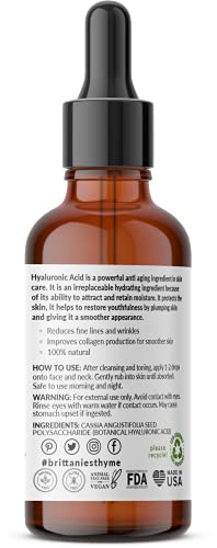 Brittanie's Thyme Pure Hyaluronic Acid Serum for Face | Anti-Aging Serum for Fine Lines & Wrinkles | Intense Plumping and Hydration | Repairs Dry Skin with Highest Concentration of Hyaluronic Acid