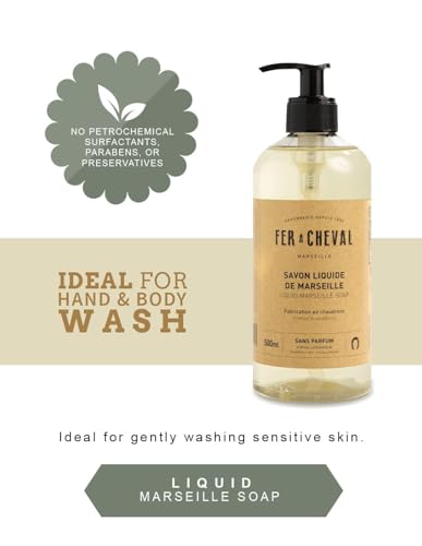 Fer à Cheval Marseille Liquid Soap Unscented Fragrance-Free Hypoallergenic Savon De Marseille Soap, Luxury French Liquid Marseille Soap, Pump Dispenser 16.9oz