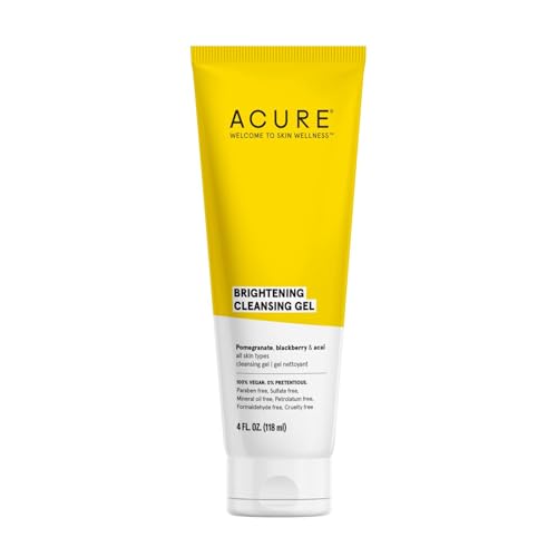 Acure Brightening Cleansing Gel - Vegan Cleanser for Radiant Skin - Pomegranate, Blackberry & Acai Infused - Antioxidant-Rich Gentle Formula for All Skin Types - 4 Fl Oz