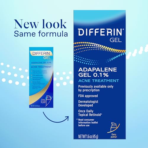 Differin Acne Treatment Gel, 30 Day Supply, Retinoid Treatment for Face with 0.1% Adapalene, Gentle Skin Care for Acne Prone Sensitive Skin, 15g Pump (Packaging May Vary)