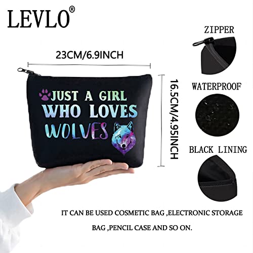 LEVLO Funny Wolf Cosmetic Bag Animal Lover Gift Just A Girl Who Loves Wolves Makeup Zipper Pouch Bag Wolf Lover Gift (Loves Wolves Black)