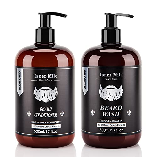 ISNER MILE Beard Wash and Conditioner Set 17 oz New Formula with Biotin Argan & Jojoba Oils Smooth Soften Strengthen Shampoo with Oil Gifts for Men