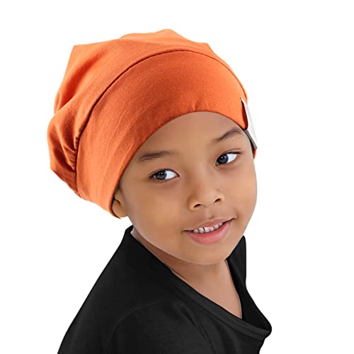 ELIHAIR Kids Beanie Sleep Hats Bonnet for Night Sleeping Cap Silky Lined Satin Bonnet with Adjustable Elastic Band for Teens Toddler Child Natural Curly Frizzy Hair Cover(Cinnabar Tangerine)