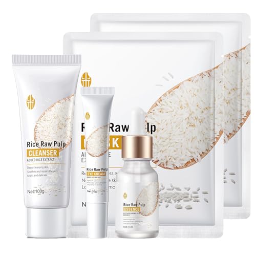 Skincare Gifts for Teenage Girls - Rice Raw Pulp Skin Care Sets & Kits - 5PCS Pamper Gifts for Women with Facial Cleanser-Eye Cream-Face Serum-Mask*2PCS - Gift Set for Firming Hydrating Skin