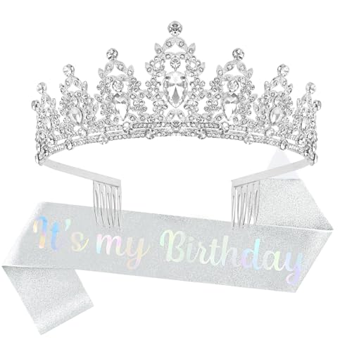 AMCAMI Silver Birthday Crowns for Women Birthday Sash for Women Tiaras and Crowns for Women Princess Crown Happy Birthday Crown and Sash Bridal Wedding Prom Party Gift