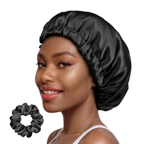 PARISBELLA Reversible Smooth As Silk Satin Bonnet For Sleeping, Adjustable Satin Sleep Cap for Curly Hair, Chic Satin Hair Wrap With Scrunchy, Black, Medium, Pack of 1