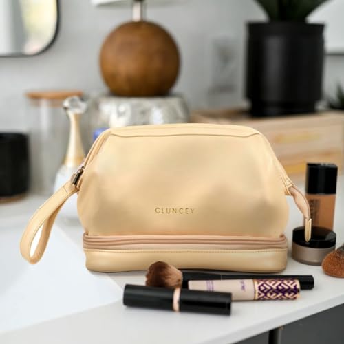 CLUNCEY Leather Makeup Bag For Women, Double Layer Makeup Brush Organizer Bag With Beauty Sponge Holder, Travel Waterproof Cosmetic Bag Make Up Organizer Case, Large Capacity, Beige