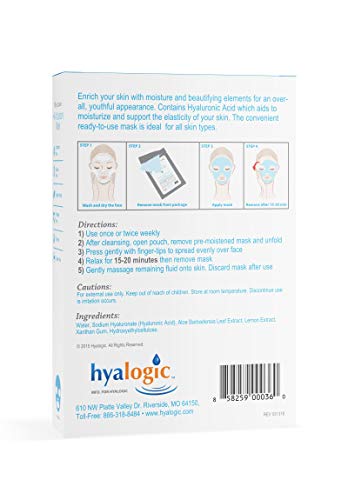 Hyalogic Hyaluronic Acid & Aloe Moisturizing Face Mask – Hydrating & Radiance Boosting Sheet Mask for Women – Vegan, Gluten-Free, Cruelty-Free Facial Treatment – Pack of 4 Pre-Moistened Face Masks