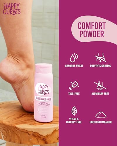 HAPPY CURVES Comfort Powder: Talc Free Anti Chafe Body & Foot Powder Deodorant to Control Inner Thigh Chafing, Private Areas, and All Over Body for Women (4 Ounce (Pack of 1), Fragrance-Free)