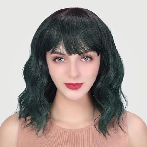 Wigs for Women - Ombre Dark Green Wig with Bangs for Women, Short Wavy Bob Wig, Colorful Medium Length Wig, Pastel Colored Cosplay Wig Costume Synthetic Wigs, Halloween Wigs……