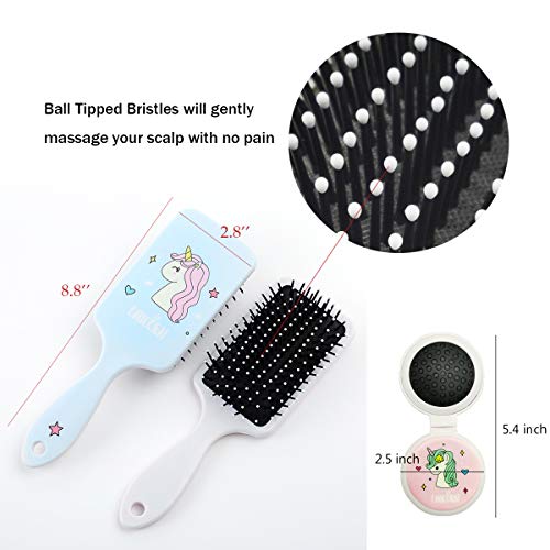 Unicorn Hair Brush, Fold Hairbrush with Makeup Mirror 2 PCS Ideal Birthday & Christmas Gift Set Portable for Girls Kids Women Travel Home School Use