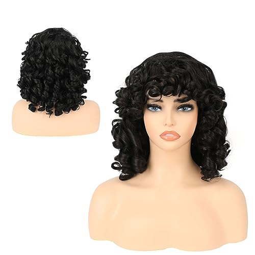 HUAISU Short Black Curly Kinky Wig with Bangs Synthetic High Density Shoulder Length Deep Wave Density Wig for Women One Piece Heat Resistant Fluffy Cosplay Wig (Black, 14inch)