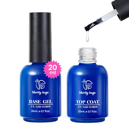 LIBERTY BUGS Gel Base and Top Coat Set 40ml,Base Coat Gel Polish+No Wipe Top Coat Gel Nail Polish,20ml Each,Self-Leveling&Long-Lasting,UV Nail Polish Gel LED Nail Lamp Cured,Soak off Removal