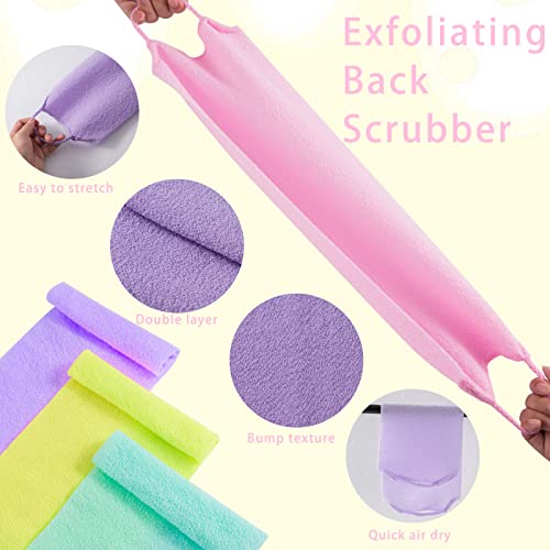 4 Pcs Exfoliating Back Scrubber with Handles,Nylon Back Exfoliator Extended Length Back Washers Stretchable Exfoliating Washcloth Pull Strap Shower Scrubber for Body Cleans Skin Massages for Women Men