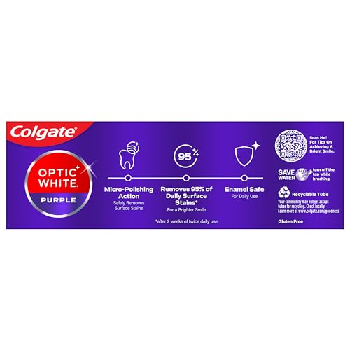 Colgate Optic White Purple Toothpaste for Teeth Whitening, Teeth Whitening Toothpaste with Fluoride, Helps Remove Surface Stains and Polishes Teeth, Enamel-Safe for Daily Use, Mint Paste, 4.2 oz