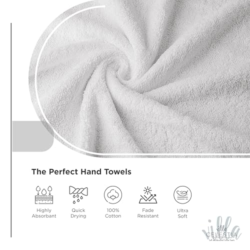 Villa Celestia 100% Cotton Hand Towel Set of 2, (16 x 28 inches) Sustainable, Soft, Highly Absorbent, Quick Drying, Combed Cotton Hand Towels Pack of 2 Ideal for Hotels, Spa, Bathroom, Dorm, White