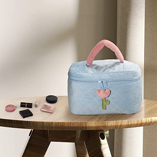 VOCOSTE Corduroy Makeup Bag, Large Travel Cosmetic Bag Quilted Toiletry Bag Aesthetic Cute Tulip Flower Pattern Makeup Bag for Women, Blue