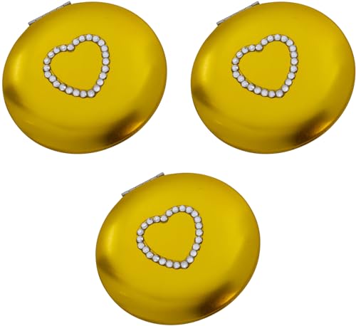 Stephanie Imports Set of 3 Slim Heart-Shaped Double Sided Magnifying Compact Mirrors (Gold with Rhinestone Heart, Small)