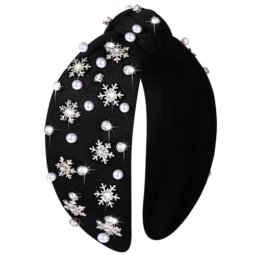 Christmas Headband for Women Rhinestone Snowflake Headband Embellished Crystal Pearl Knotted Headbands Wide Top Knot Xmas Holiday Headband Christmas Hair Accessories Outfits Gifts (Snowflake Black)