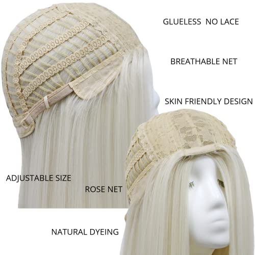 MSMY 60 White Blonde Wig Straight Heat Resistant Glueless Full Wig Middle Part None Lace