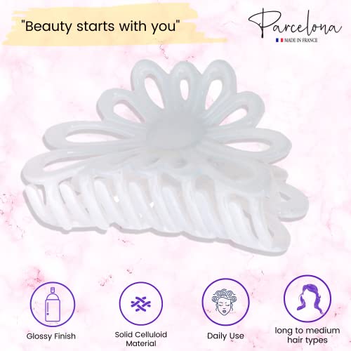 Parcelona French Plume 3" Celluloid No Slip Grip French Covered Spring Jaw Hair Claw Durable Styling Hair Accessories Women Strong Hold Girls Hair Claw Clips, Made in France (Solid White)