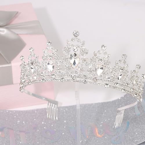 AMCAMI Silver Birthday Crowns for Women Birthday Sash for Women Tiaras and Crowns for Women Princess Crown Happy Birthday Crown and Sash Bridal Wedding Prom Party Gift