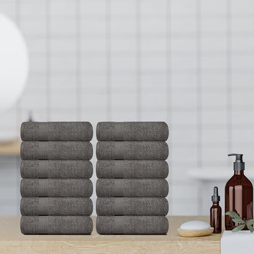 White Classic Resort Collection Soft Washcloth Face & Body Towel Set | 12x12 Luxury Hotel Plush & Absorbent Cotton Washclothes [12 Pack, Charcoal]