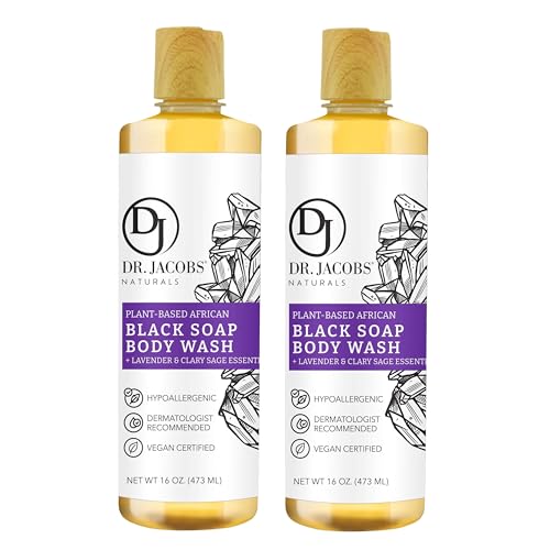 Dr Jacobs Naturals Authentic African Black Liquid Soap with Lavender & Sage Scent | All-In-One Face Wash, Sensitive Skin Body Wash, Shampoo, Shaving Soap | Moisturizing and Nourishing Formula 16oz 1pk