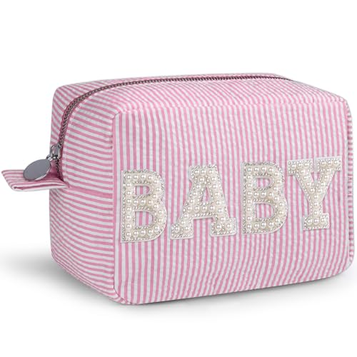 QFDS Gift for Baby,Birthday Gifts for Women,Mother Baby,Mom,BaBy,Bling Pearl Rhinestone Zipper Pouch,Large Stripe Makeup Bag Cosmetics Bag Diaper Bag(Pink-BABY)