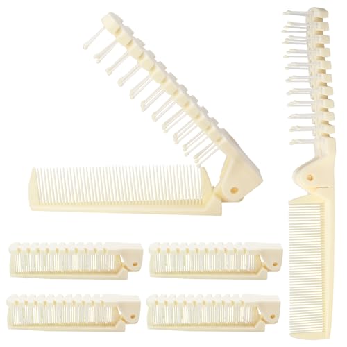 Qjaiune 6PCS Travel Foldable Hair Comb Brush for Men & Women, Anti-Static Plastic Folding Comb, Double Headed Hair Brush Hairdressing Tools (Beige, 6 Count)