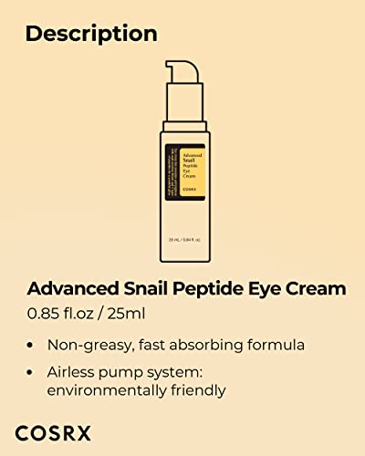 COSRX Snail Peptide Eye Cream with 73.7% Snail Mucin and Niacinamide, Brightening Korean Night Cream for Fine Lines and Dark Circles, Korean Skin Care