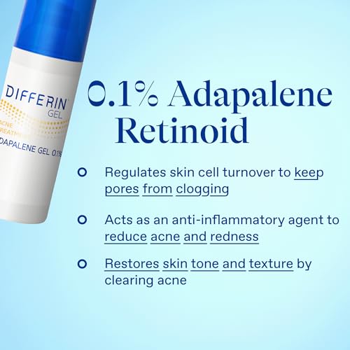 Differin Acne Treatment Gel, 30 Day Supply, Retinoid Treatment for Face with 0.1% Adapalene, Gentle Skin Care for Acne Prone Sensitive Skin, 15g Pump (Packaging May Vary)