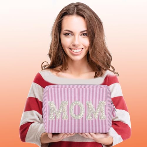 QFDS Gift for Mother,Birthday Gifts for Women Mom Grandmother Wife,Bling Pearl Rhinestone Zipper Pouch,Large Stripe Makeup Bag Cosmetics Bag,Daily Use (Pink-MOM)