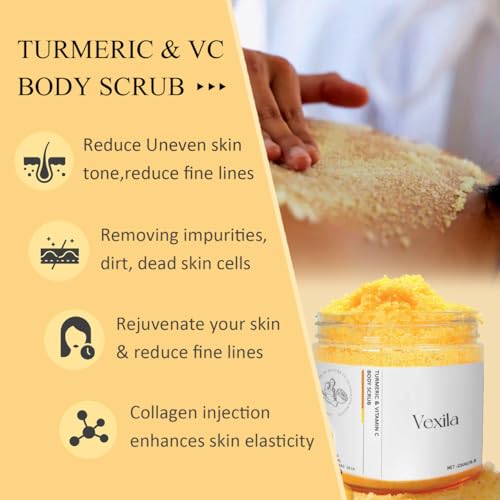 Vexila Turmeric & Vitamin c Body Scrub - All Natural - Moisturizing, and Exfoliating Body,Face,Hand, Foot Scrub,Nourishes Skin,Deep Cleansing 8.8oz