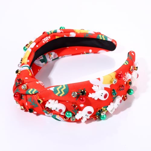 NVENF Christmas Headband for Women Jeweled Xmas Plaid Headband Embellished Crystal Pearl Knotted Headbands Wide Top Knot Holiday Headband Christmas Hair Accessories Holiday Outfits Gifts (Reindeer)