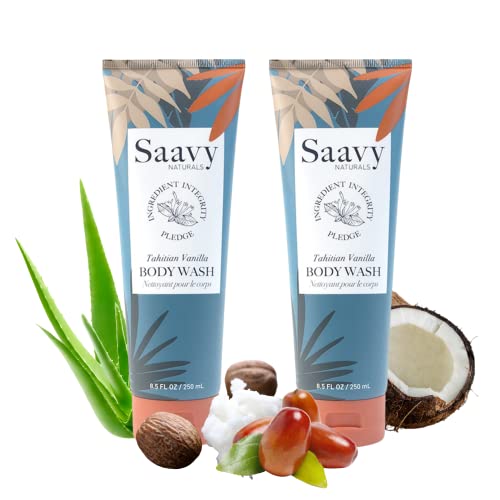 Saavy Naturals Tahitian Vanilla Body Wash, Moisturizing Shower Gel for Men & Women, Vegan Formula with Coconut Oil, Shea Butter, and Aloe Vera - 8.5 Fl Oz, 2 Pack Made in the USA