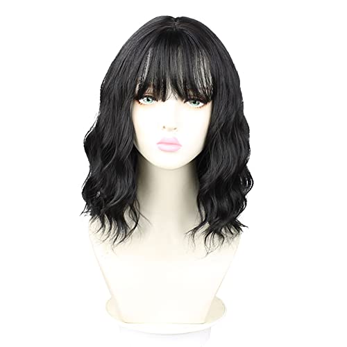 Sharebeauty Synthetic Bob Wig for Women Natural Wavy Curly Full Wig with Bangs Blue