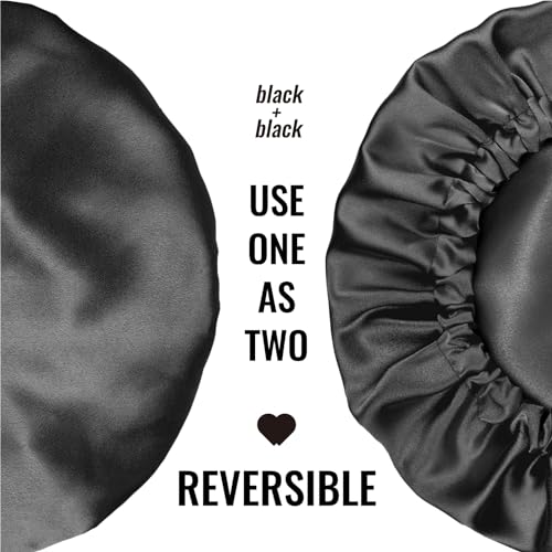 PARISBELLA Reversible Smooth As Silk Satin Bonnet For Sleeping, Adjustable Satin Sleep Cap for Curly Hair, Chic Satin Hair Wrap With Scrunchy, Black, Medium, Pack of 1