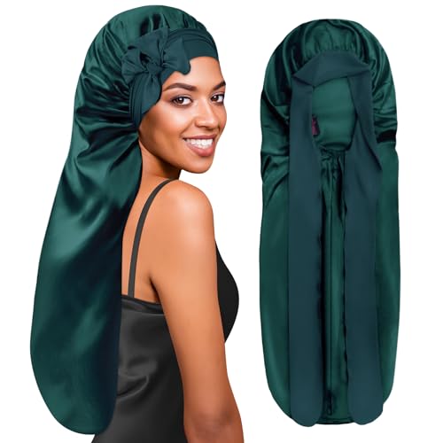 BONNET QUEEN Braid Bonnet Silk Bonnet Foldable Extra Long Bonnet for Braids Satin Bonnet for Sleeping Hair Bonnet with Tie Band Long Sleep Cap Darkish Green