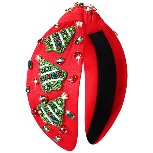 Christmas Headband for Women Jeweled Xmas Plaid Headband Embellished Crystal Pearl Knotted Headbands Wide Top Knot Holiday Headband Christmas Hair Accessories Holiday Outfits Gifts (Christmas Tree 5)