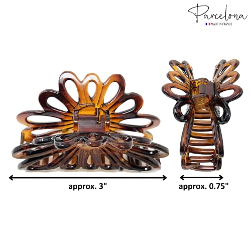 Parcelona French Plume 3" Celluloid No Slip Grip Covered Spring Jaw Hair Claw Durable Styling Women Hair Accessories, Made in France (Tortoise Shell Brown)