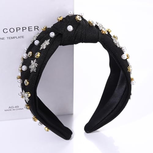 Christmas Headband for Women Rhinestone Snowflake Headband Embellished Crystal Pearl Knotted Headbands Wide Top Knot Xmas Holiday Headband Christmas Hair Accessories Outfits Gifts (Snowflake Black)